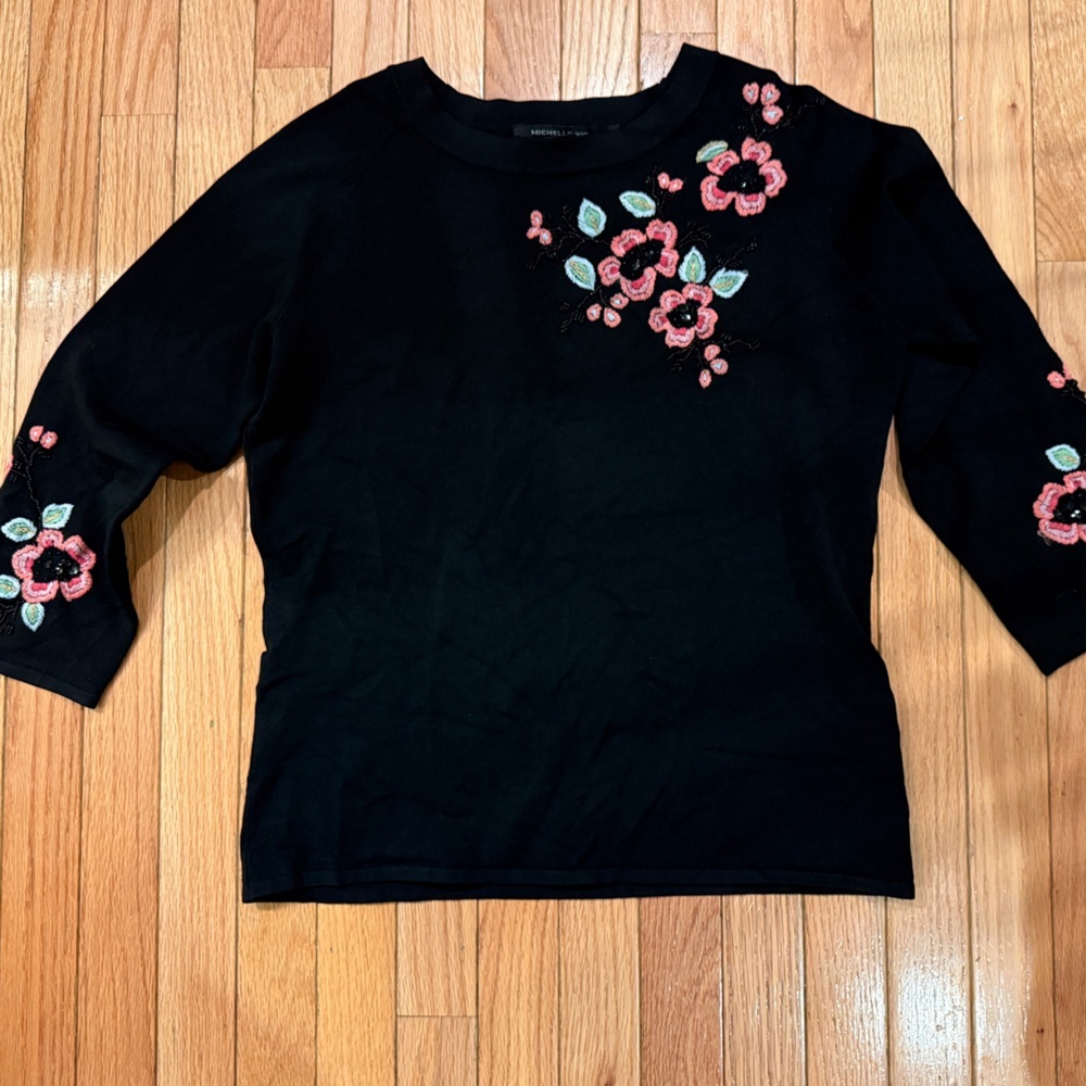 Michelle Nicole Black Top with Pink Floral Embroidery
